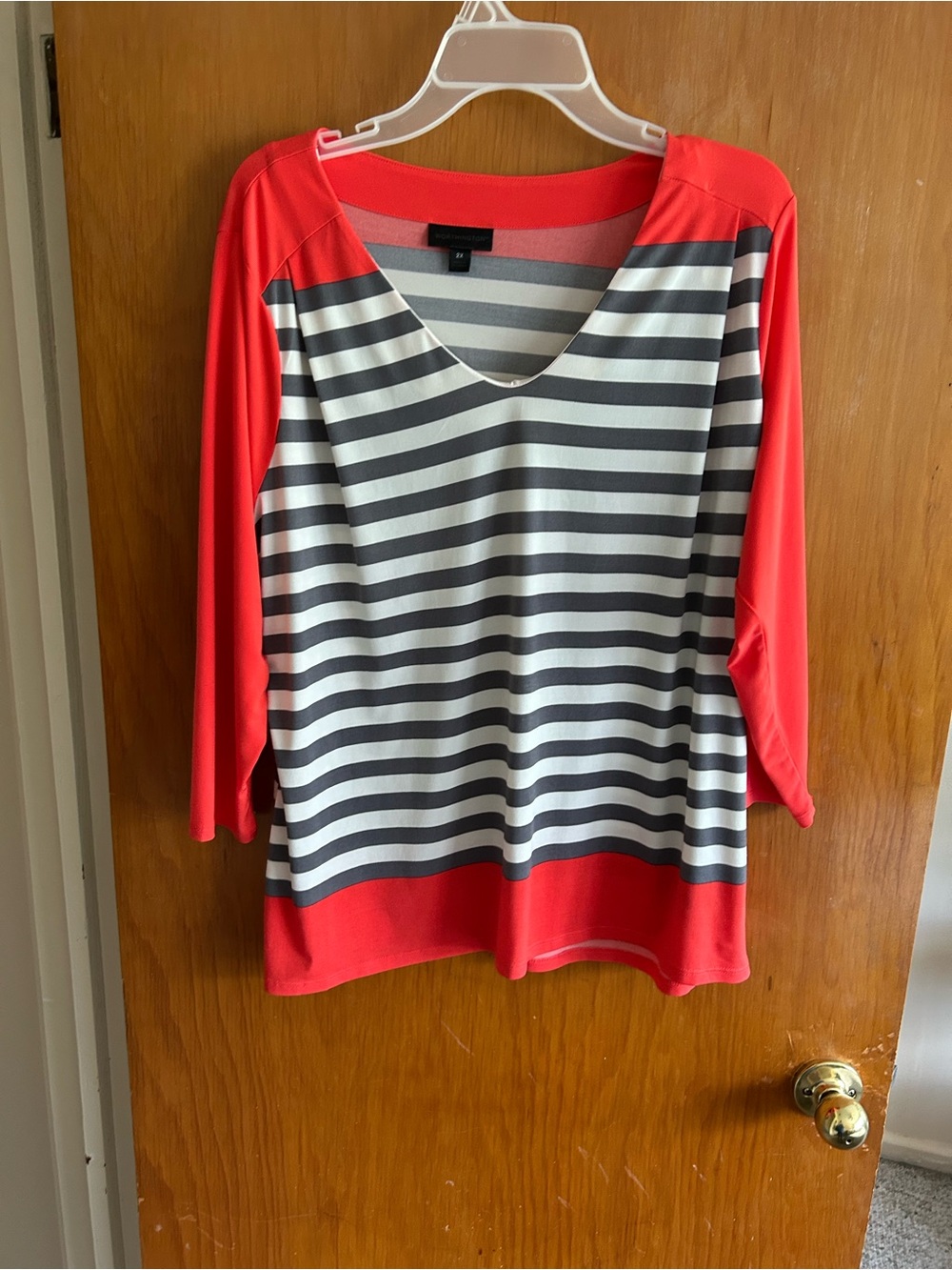 Worthington Coral and Gray Striped V-Neck Long Sleeve Top